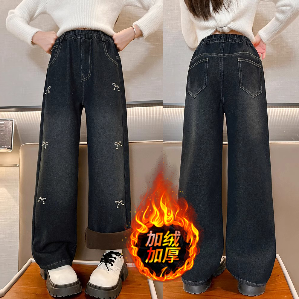 女童加绒牛仔裤冬季新款中大童宽松阔腿裤直筒裤儿童保暖裤一体绒