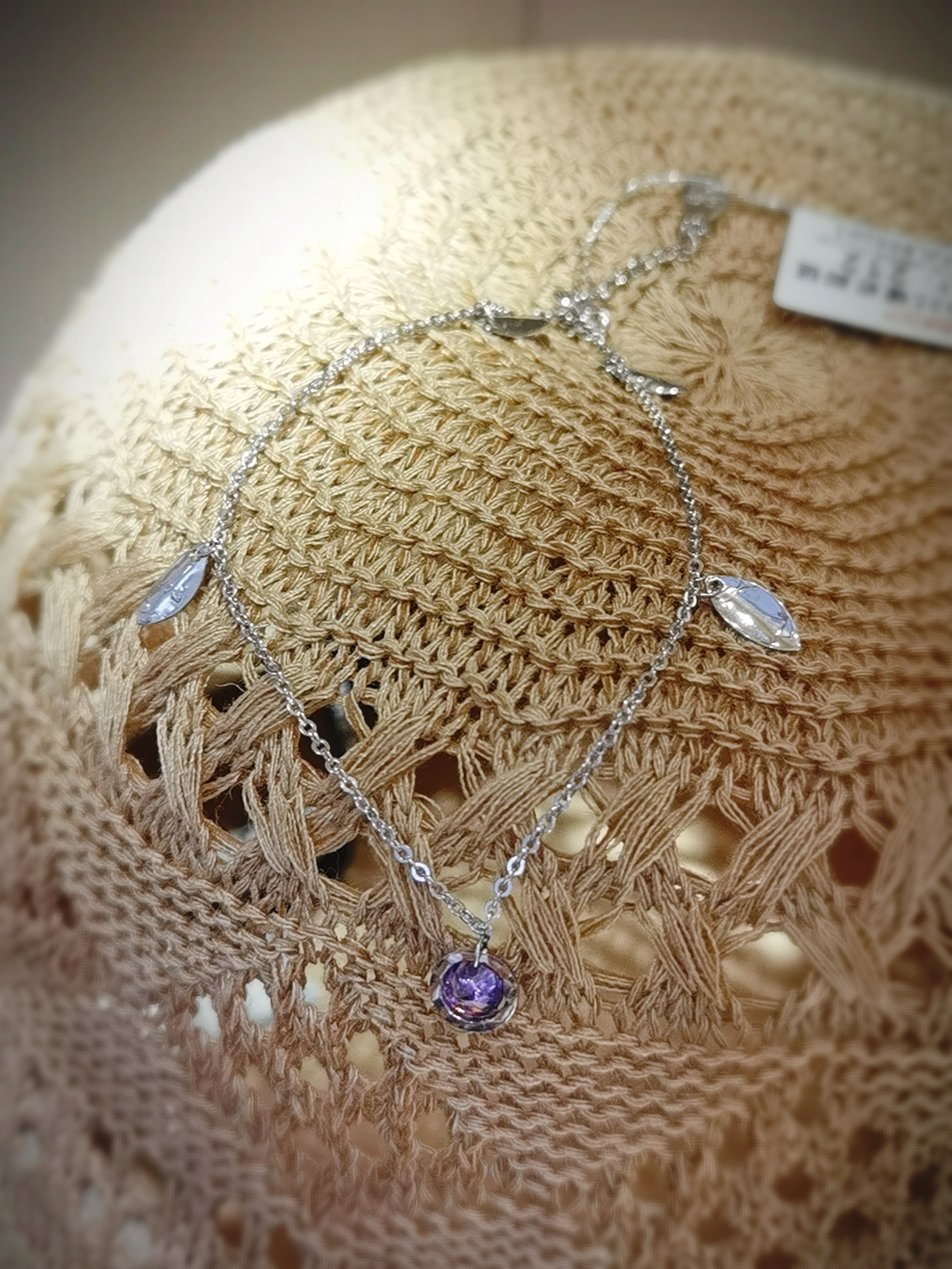 信德缘银饰专柜正品紫色水晶复古925银叶子脚链图片