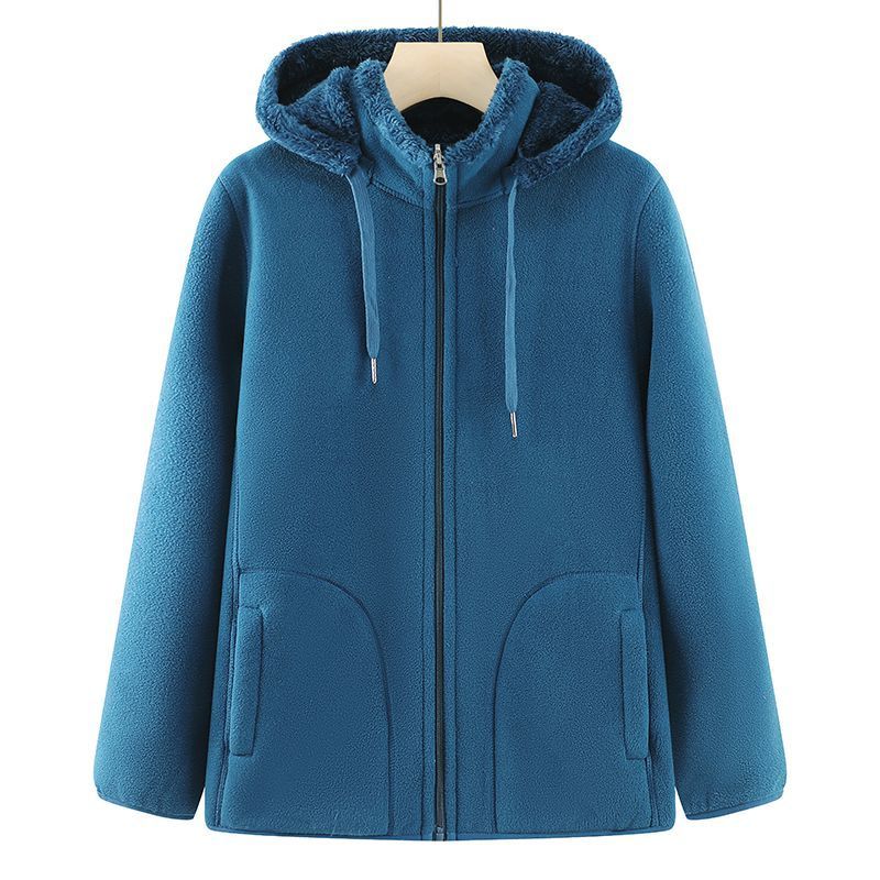 妈妈装秋冬摇粒绒外套女时尚两面穿宽松加绒加厚连帽运动上衣服厚