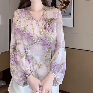 碎花雪纺上衣女士长袖春秋2026新款漂亮小衫妈妈遮肚子宽松v领t恤