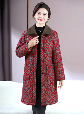 冬季新款时尚中长款加绒加厚保暖印花棉衣女士减龄显瘦棉服妈妈装