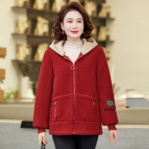 妈妈冬装颗粒外套洋气加绒棉袄新款加厚棉衣中老年羊羔绒保暖棉服