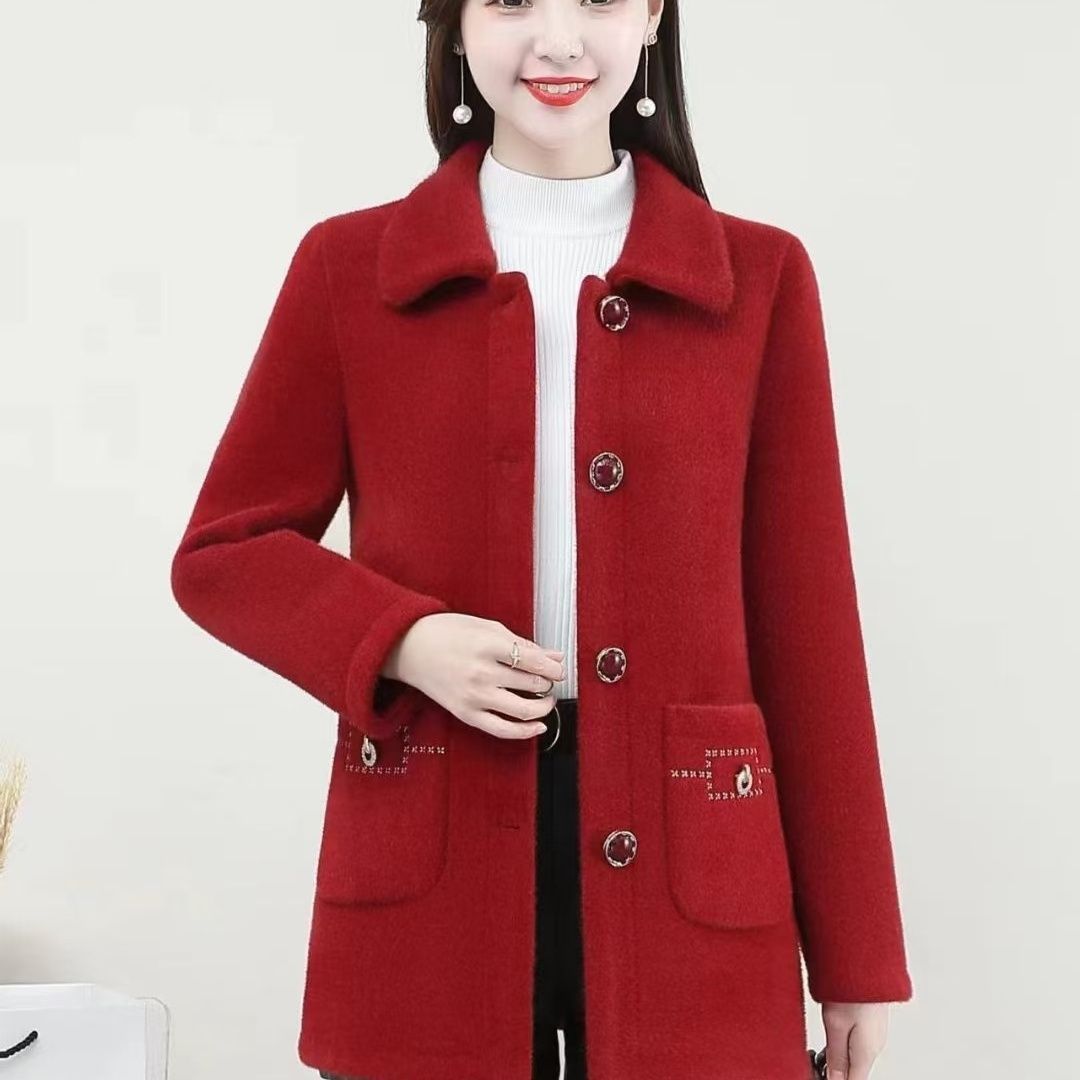 水貂绒毛呢外套女2023新款秋冬流行中长款皮毛一体加厚