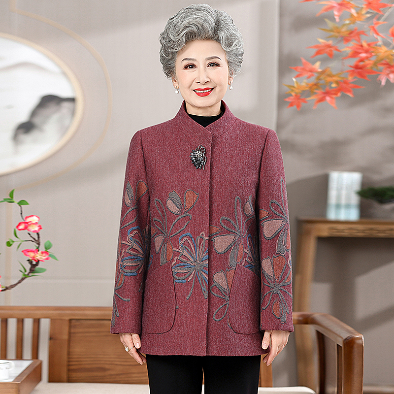 奶奶秋装外套中老年女装洋气妈妈冬装毛呢加绒加厚衣服