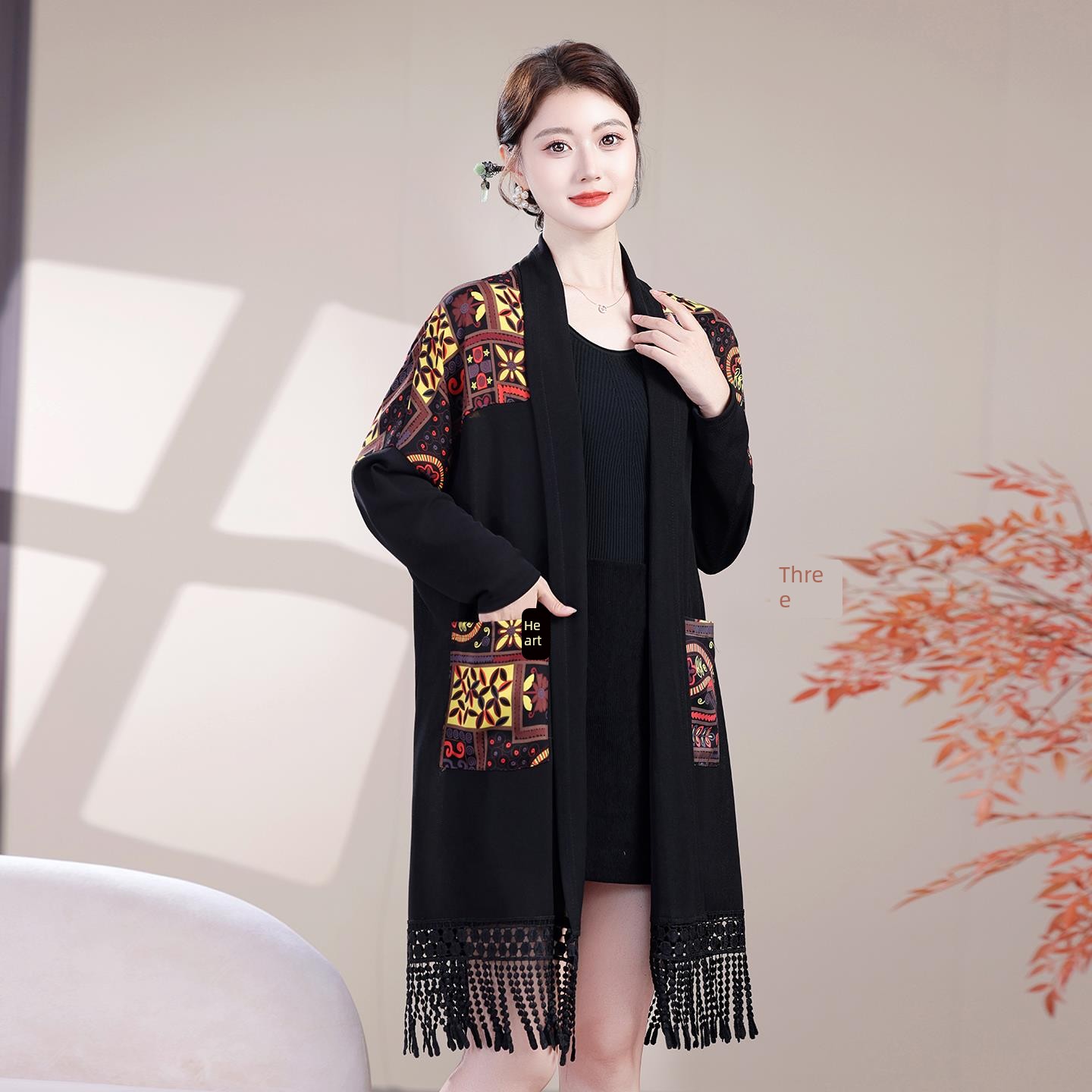 春秋外搭时尚妈妈装流苏披风开衫宽松刺绣提花拼接外套