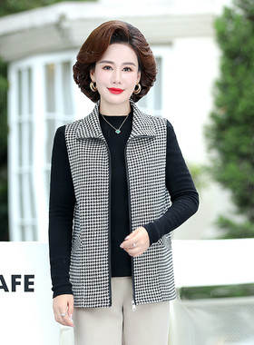 妈妈春装马甲格子外套洋气质中年妇女春秋呢子马夹中老年背心