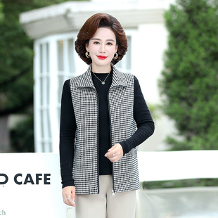 妈妈春装马甲格子外套洋气质中年妇女春秋呢子马夹中老年背心
