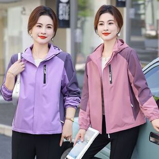 休闲中老年女上衣拼色冲锋衣 外套连帽撞色时尚 中年妈妈春秋装 短款