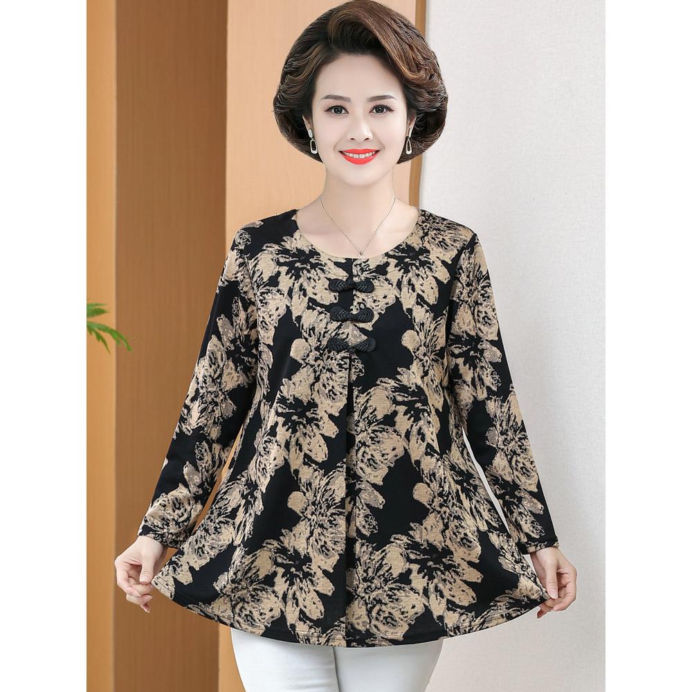 春秋季时尚加肥大码200斤T恤中老年妈妈女装宽松遮肚子打底衫上衣