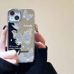 镜面星星蓝蝴蝶适用三星s24fe手机壳硅胶s23ultra新款 创意s21镜子note20保护套a15a55a54a34防摔a24a35 s22