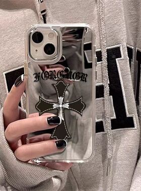 新款黑色十字架适用三星s24ultra手机壳镜面s23+/s22化妆s21/s20fe简约note20ultra全包a55a35a25a15防摔a71