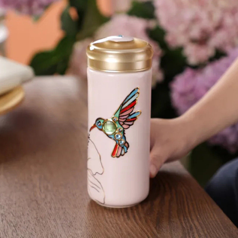 活瓷乾唐轩双层随身杯蜂鸟中式复古有盖便携陶瓷水杯子高颜值轻奢