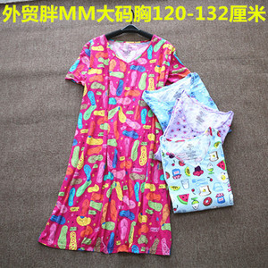 外贸原单夏款大码睡裙V领短袖纯棉家居服家居裙卡通睡衣女胸134