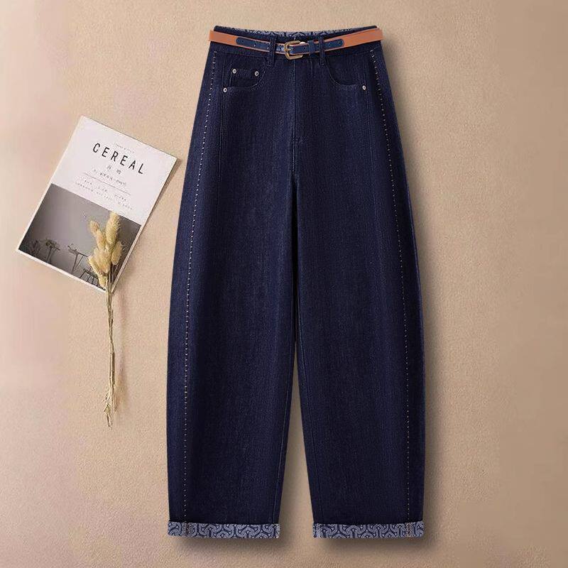 深蓝色弯刀牛仔裤女2025新款早秋季高腰宽松九分气球裤