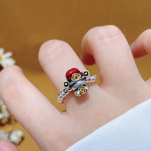 纯银戒指珐琅财神爷戒指女新年暴富招财转运珠不掉色弹力绳指环