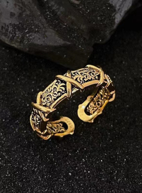 复古时尚古金色唐草纹交叉戒指