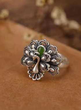 凤凰戒指女纯银复古民族风孔雀开屏时尚气质高级感可调节开口指环