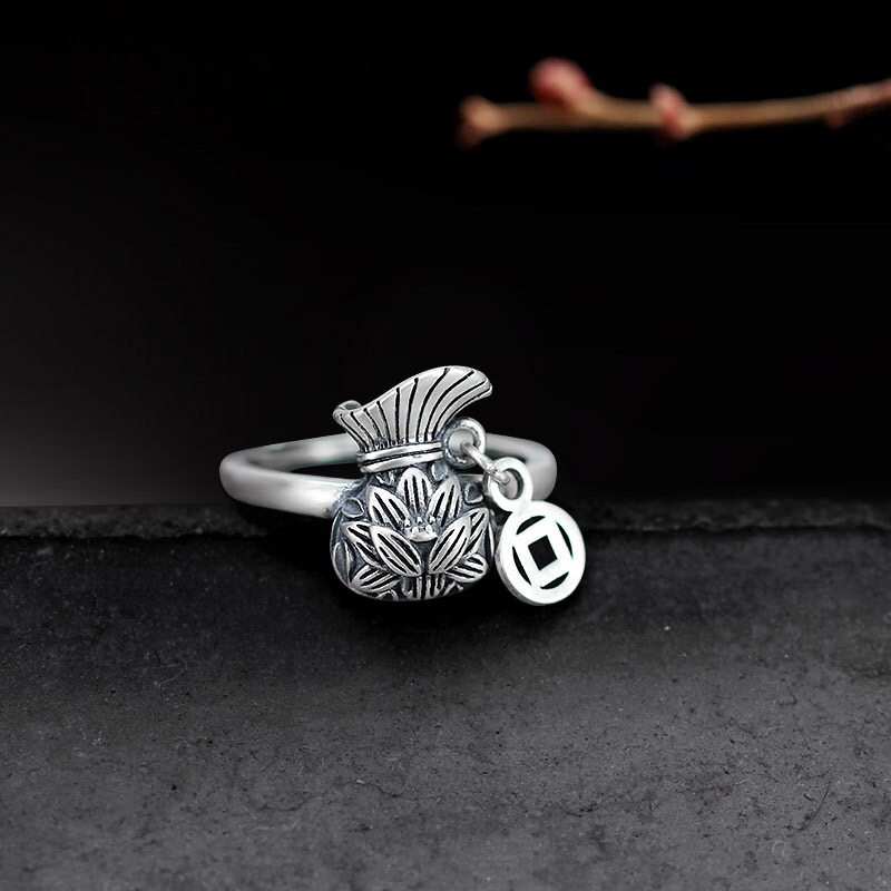 复古莲花福袋戒指女民族风国风钱币流苏时尚个性创意百搭开口指环