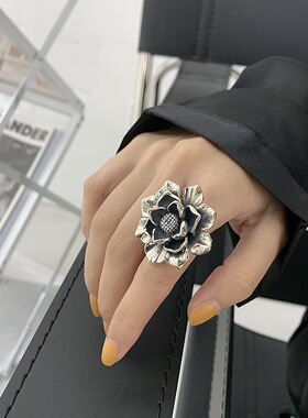 复古黑色花朵戒指女欧美个性