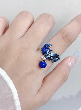 珐琅烧蓝素款可调节指环纯银百搭