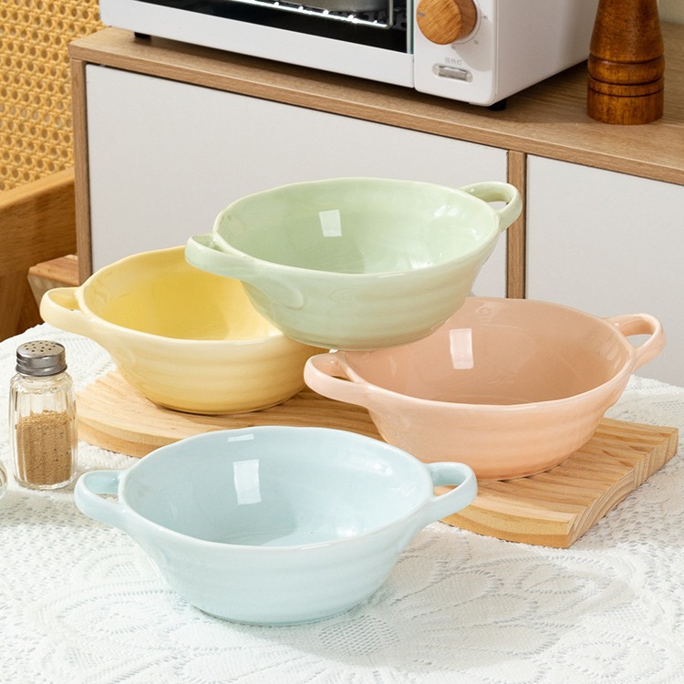 双耳陶瓷碗家用盛汤碗沙拉碗泡面碗奶油风新款大容量釉下彩拉面碗
