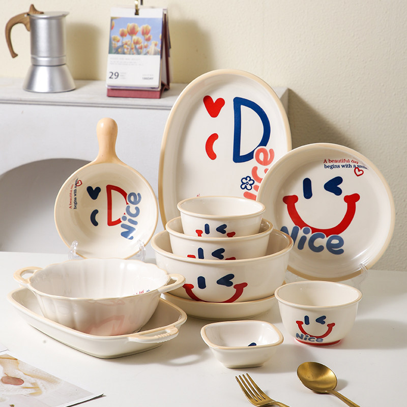 釉下彩陶瓷餐具笑脸碗盘套装组合家用米饭碗碟鱼盘汤碗勺筷菜盘子,餐饮具,碗,淘宝优惠券,粉丝福利购,淘宝优惠卷