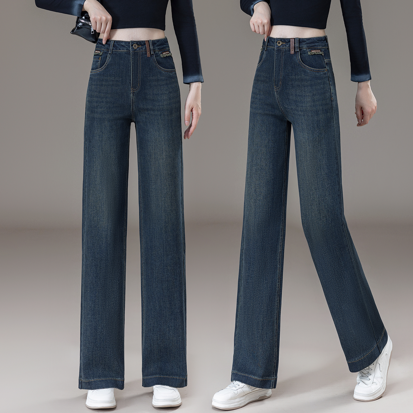 复古蓝窄版阔腿牛仔裤女秋冬2025