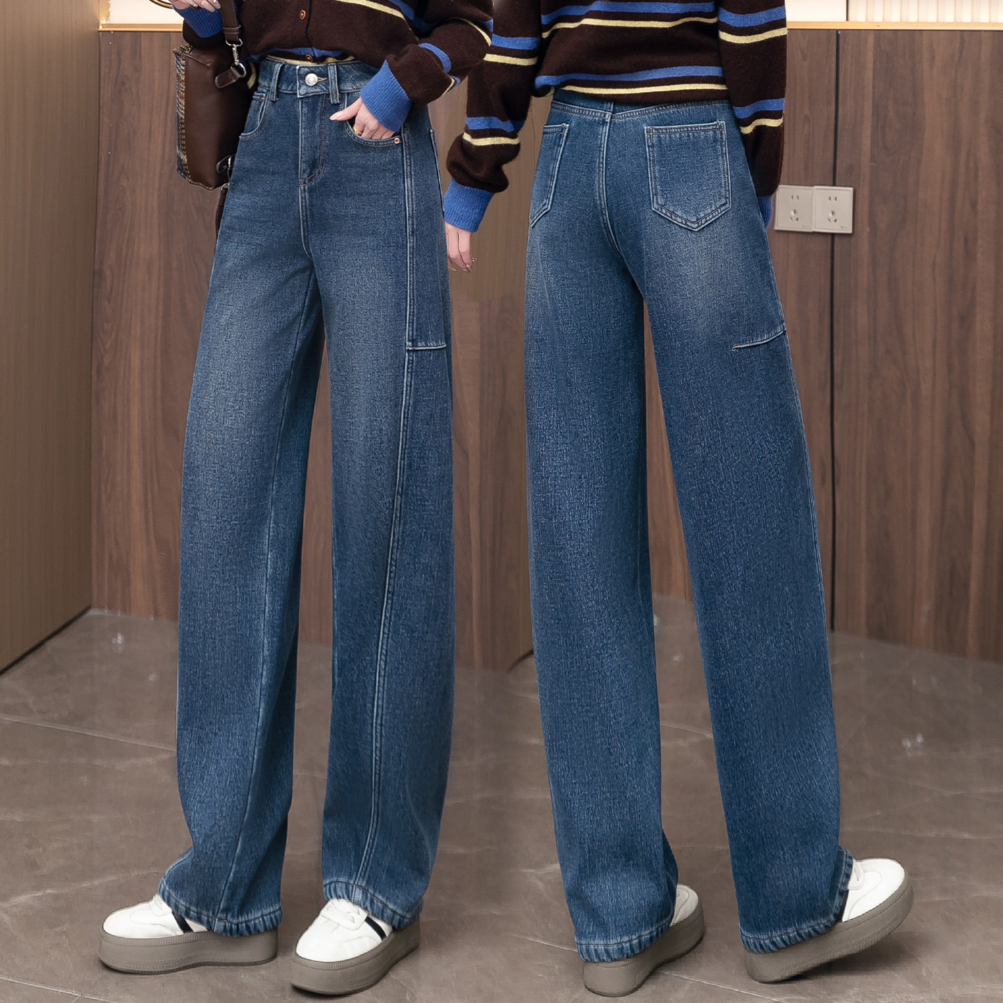 深蓝色加绒弯刀牛仔裤女春秋2026新款高腰显瘦加厚宽松窄版阔腿裤