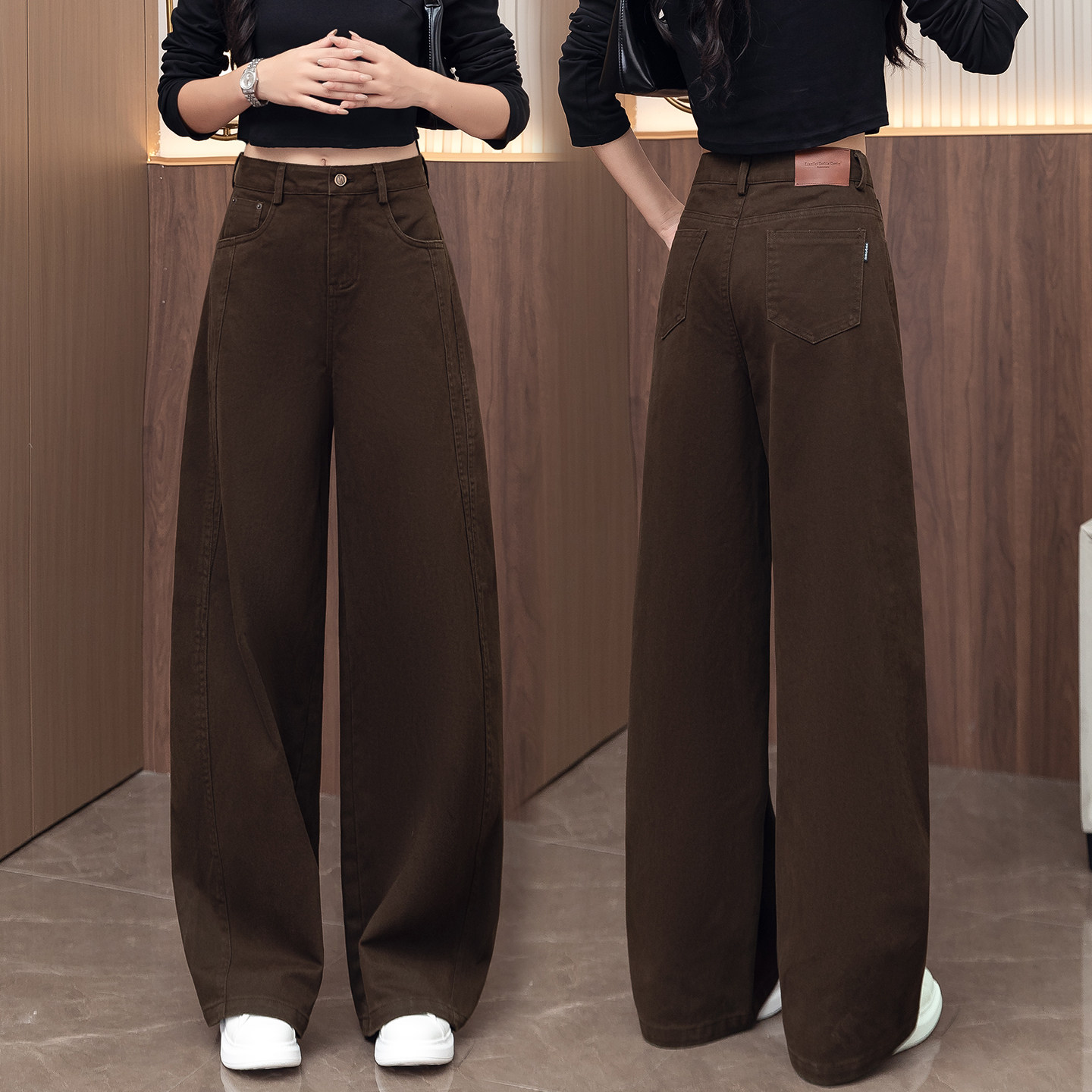 咖色软牛仔弯刀裤女2026秋冬新款高腰显瘦宽松垂感阔腿休闲直筒裤
