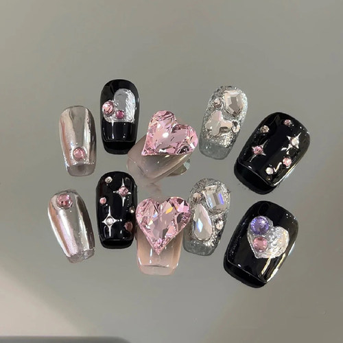 穿戴甲纯手工定制黑粉甜酷假指甲