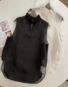 欧洲站欧货欧根纱立领背心女百搭宽松版 微透洋气背心吊带潮