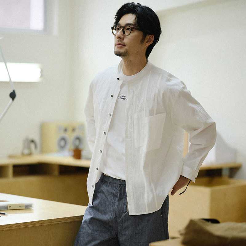 收留原创新款男士春夏白色长袖衬衫立领口袋新中式品质上衣