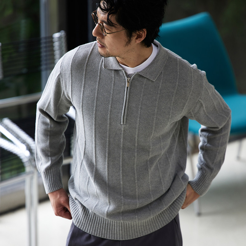 收留原创男士秋冬针织polo竖条纹四分之一拉链通勤百搭套头打底衫