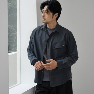 纯色通勤高级感宽松小众品质长袖 收留原创男士 春秋灰蓝色口袋衬衫