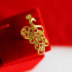 开口可调节镀金孔雀开屏戒指 复古中国风仿黄金女士指环现货包邮