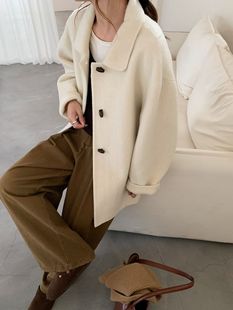 宽松羊毛牛角扣外套小个子 韩版 2025秋冬新款 双面羊绒大衣女中长款