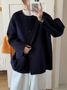 宽松显瘦外套女 韩版 2025秋冬新款 双面羊绒大衣女圆领带包包中长款