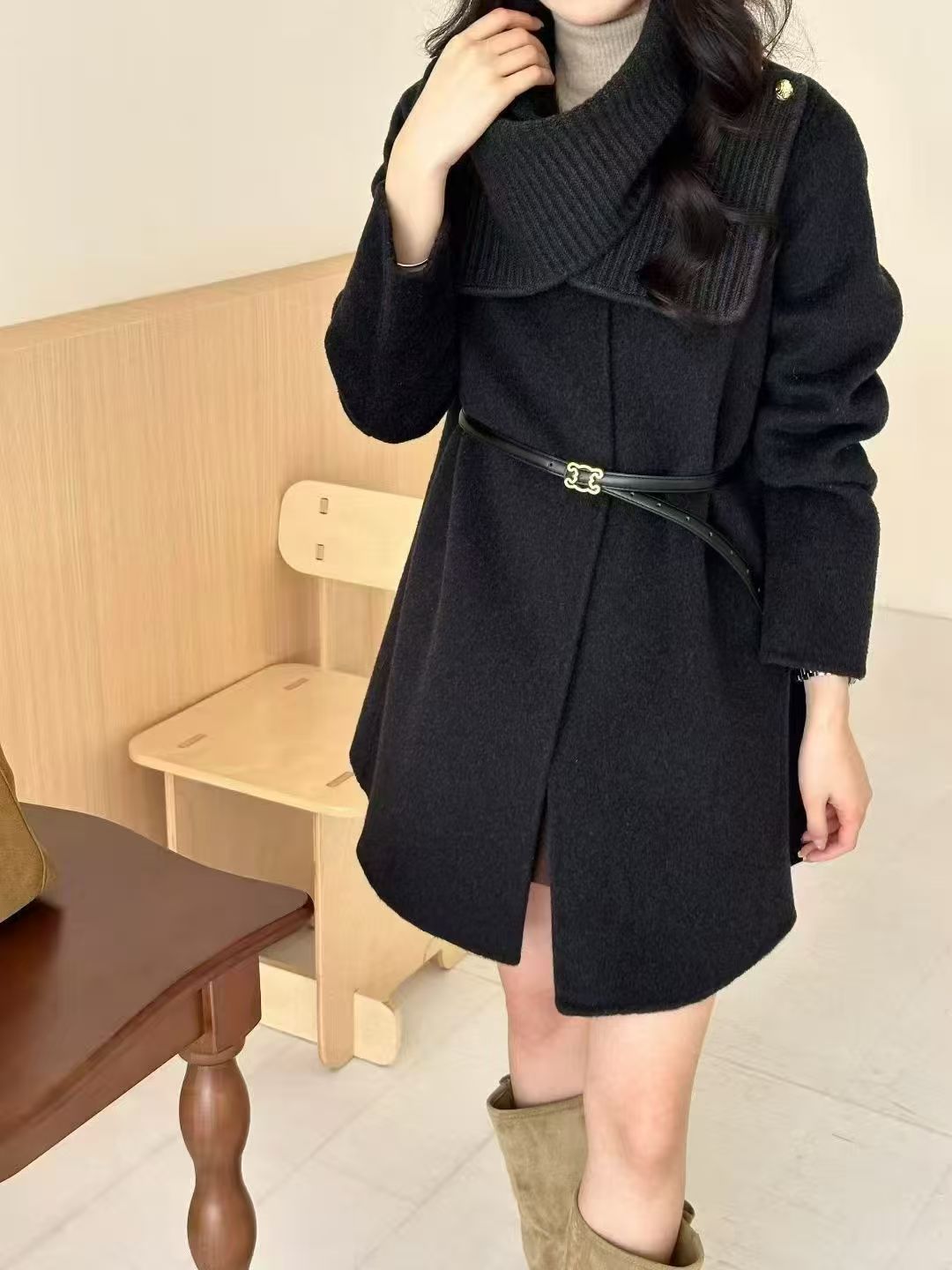 2025秋冬新款韩版宽松斗篷大衣双面呢羊毛外套女两件套针织拼接女