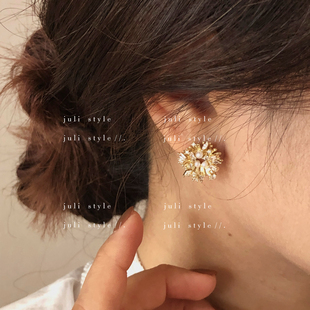 轻奢高级感耳环气质耳饰 金色花环珍珠耳钉法式 橘里 S925纯银针