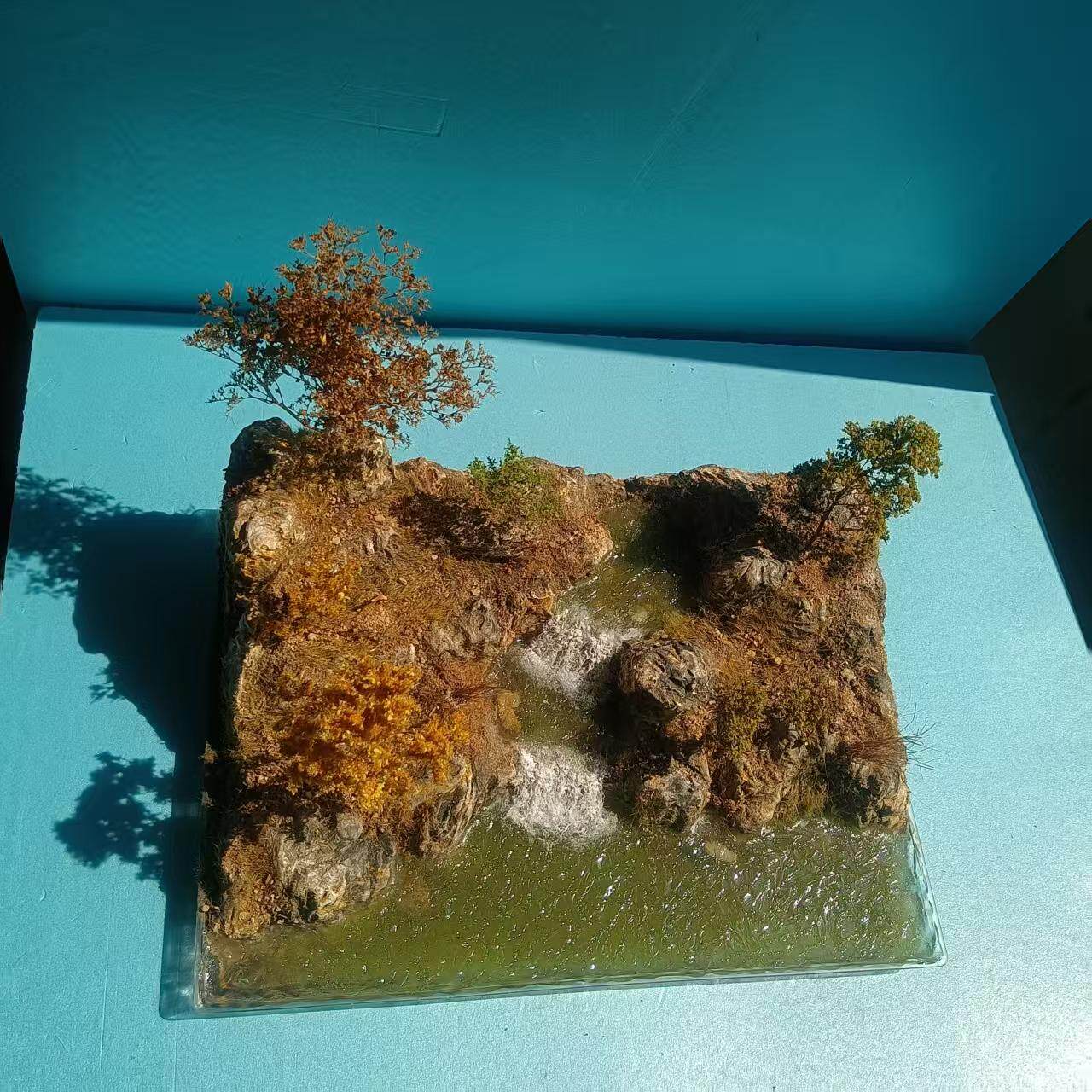 瀑布主题树脂模型手工制作山水场景装饰摆件拍摄道具船模造景