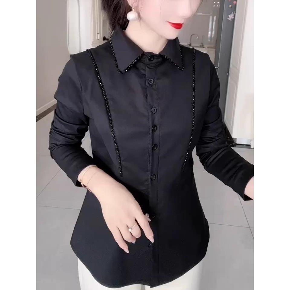 2025年秋冬新款重工穿珠纯棉加绒加厚黑色衬衫女气质通勤长袖衬衣