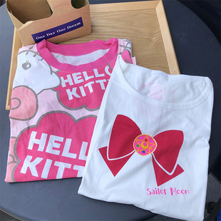 卡通 可爱 KT猫 美少女战士 T恤 日单 圆领短袖 USJ环球城