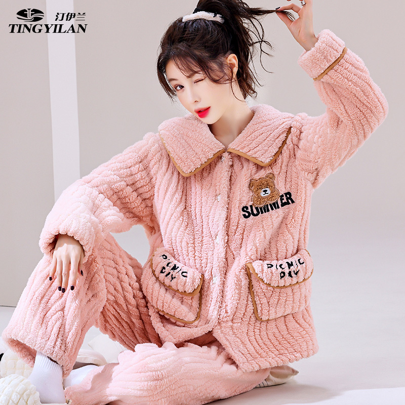 汀伊兰品牌秋冬季睡衣女加厚提花绒宽松大气居家可外穿两件套新款