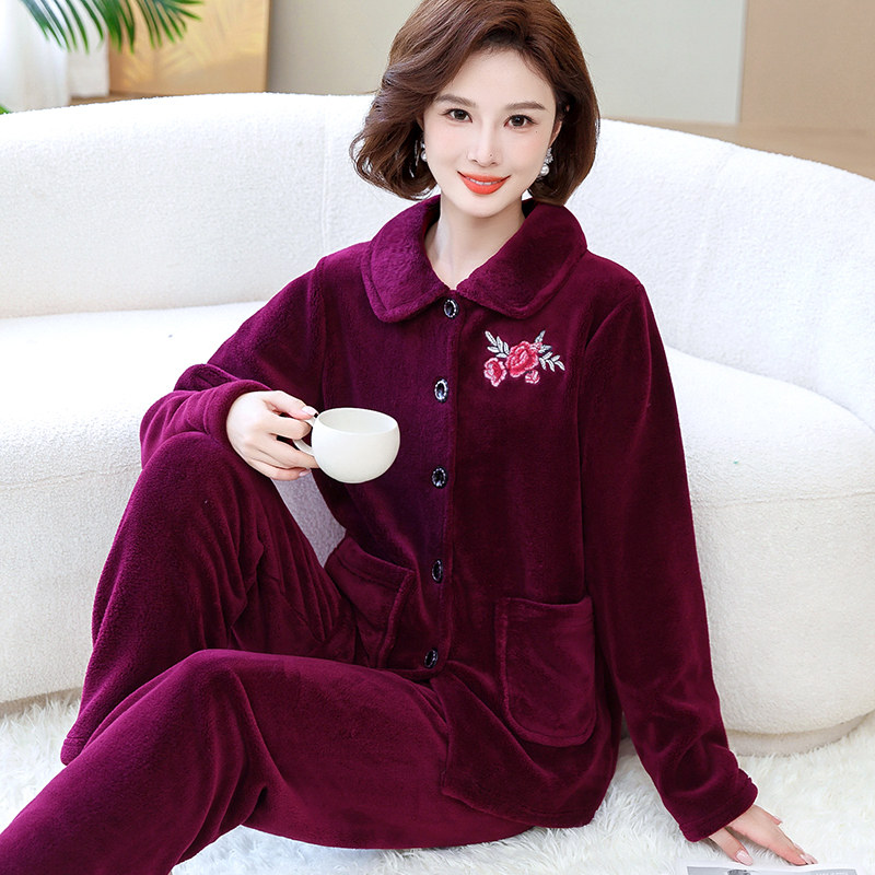 睡衣女秋冬中老年加厚套装妈妈奶奶保暖长袖春秋婆婆珊瑚绒法兰绒