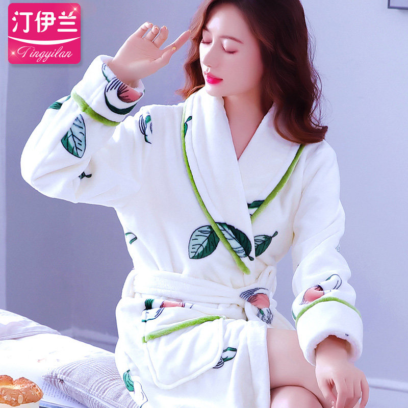 新款牛油果女袍睡袍女加厚法兰绒加长浴袍珊瑚绒浴衣秋冬网红睡衣