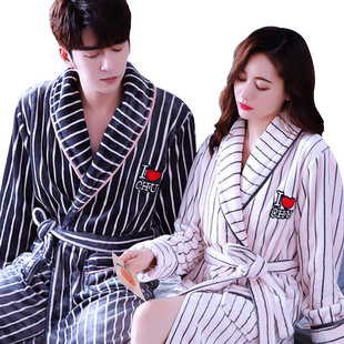条纹爱心情侣睡袍休闲加厚法兰绒浴袍珊瑚绒男女浴衣加长睡衣秋冬