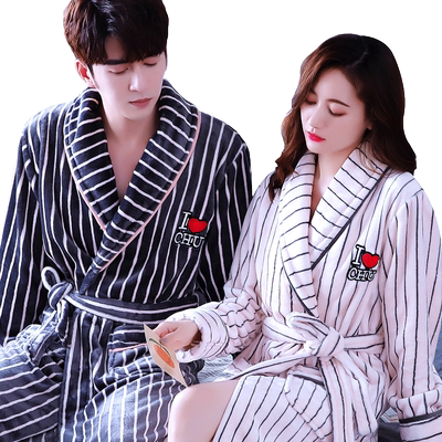 条纹爱心休闲风珊瑚绒情侣睡袍