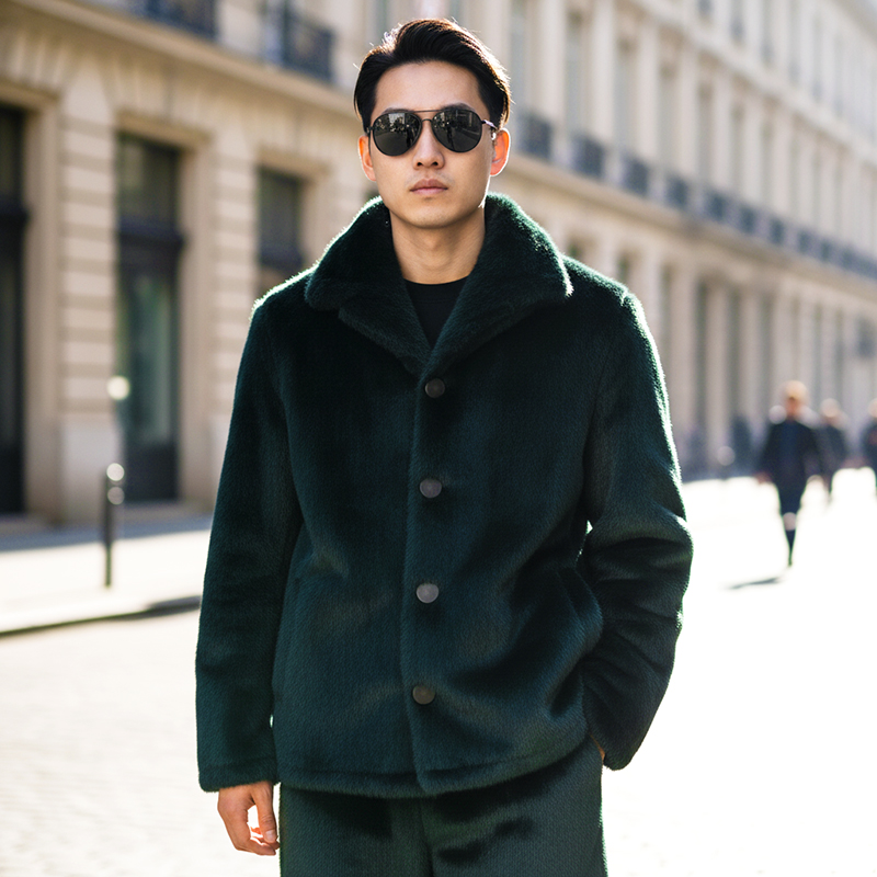 仿貂加厚睡衣家居服男士外穿套装冬季加绒保暖绿色皮草