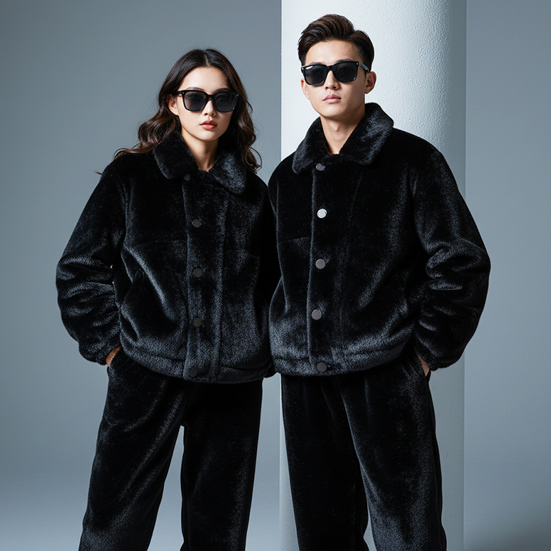 环保皮草仿貂加厚睡衣家居服男女外穿套装冬季情侣加厚新款