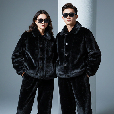 环保皮草仿貂加厚睡衣家居服男女外穿套装冬季情侣加厚新款